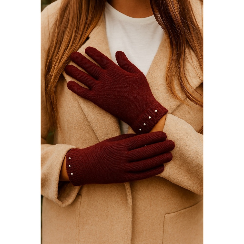 Burgundy Pearl‎ Embellished  Gloves Knit Winter one size